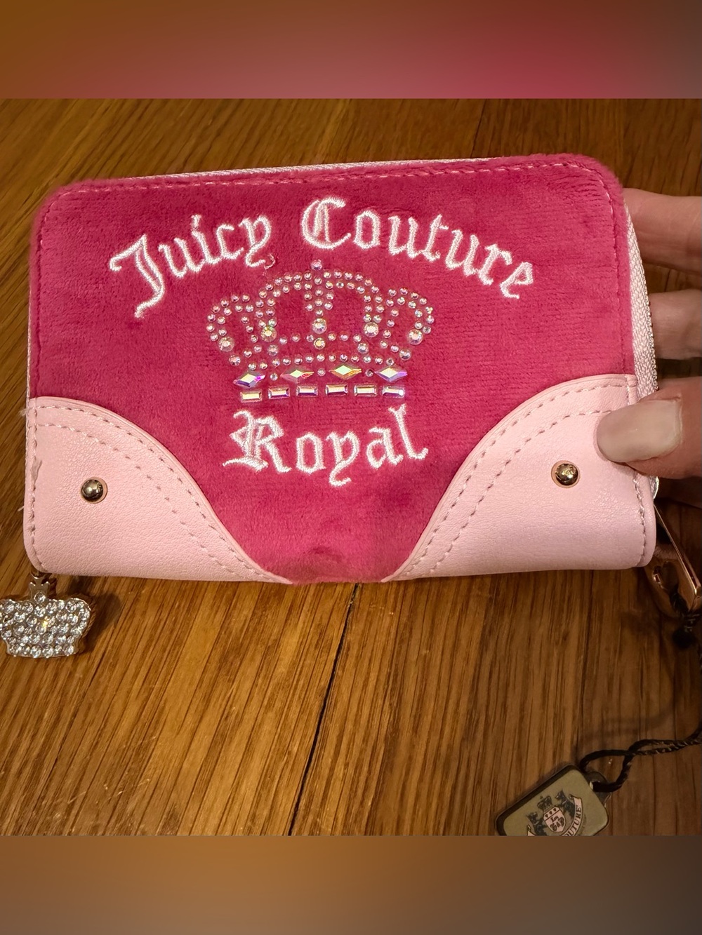 Juicy Couture Pink Velvet Royal Zip Wallet with Embellished Crown